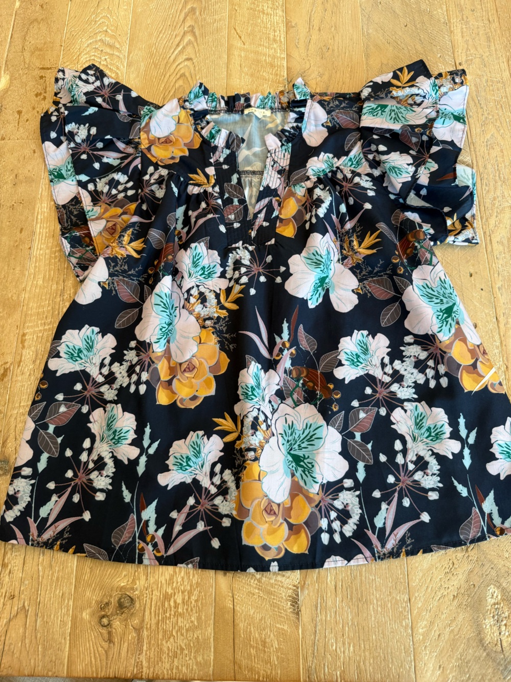 JODIFL Navy Floral Ruffle Sleeve Top with Teal and Mustard Accents M